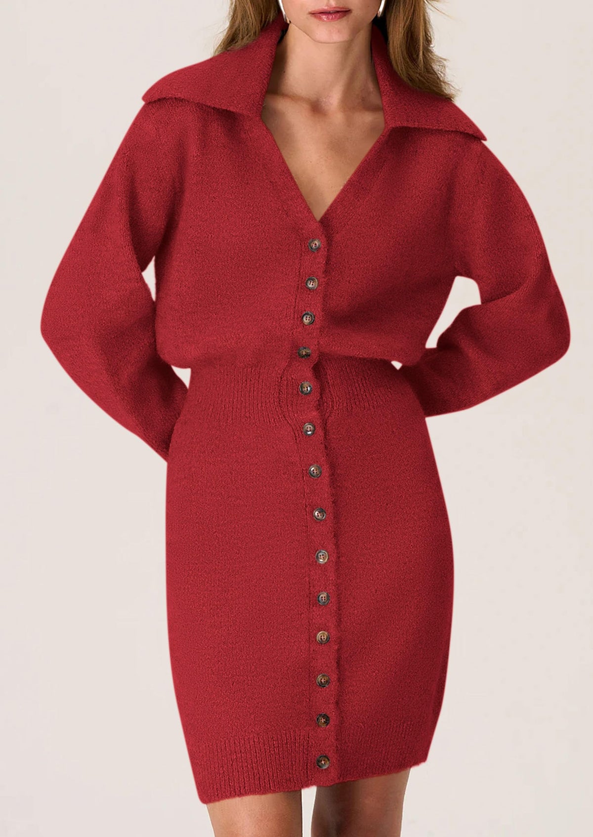 Long Sleeve V Neck Button Down Knit Pullover Sweater Dresses
