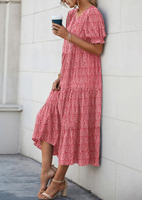 Casual Boho Floral Print Ruffle Puff Short Sleeve Flowy Beach Party Midi Dresses