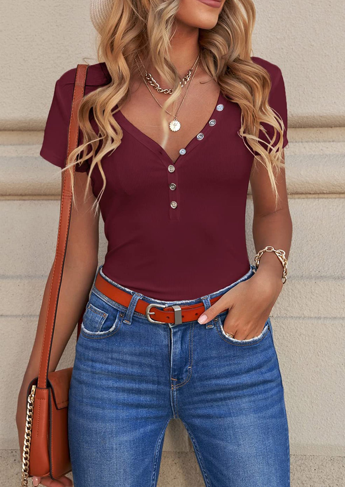 Short Sleeve V Neck Button Ribbed Knit T-shirt