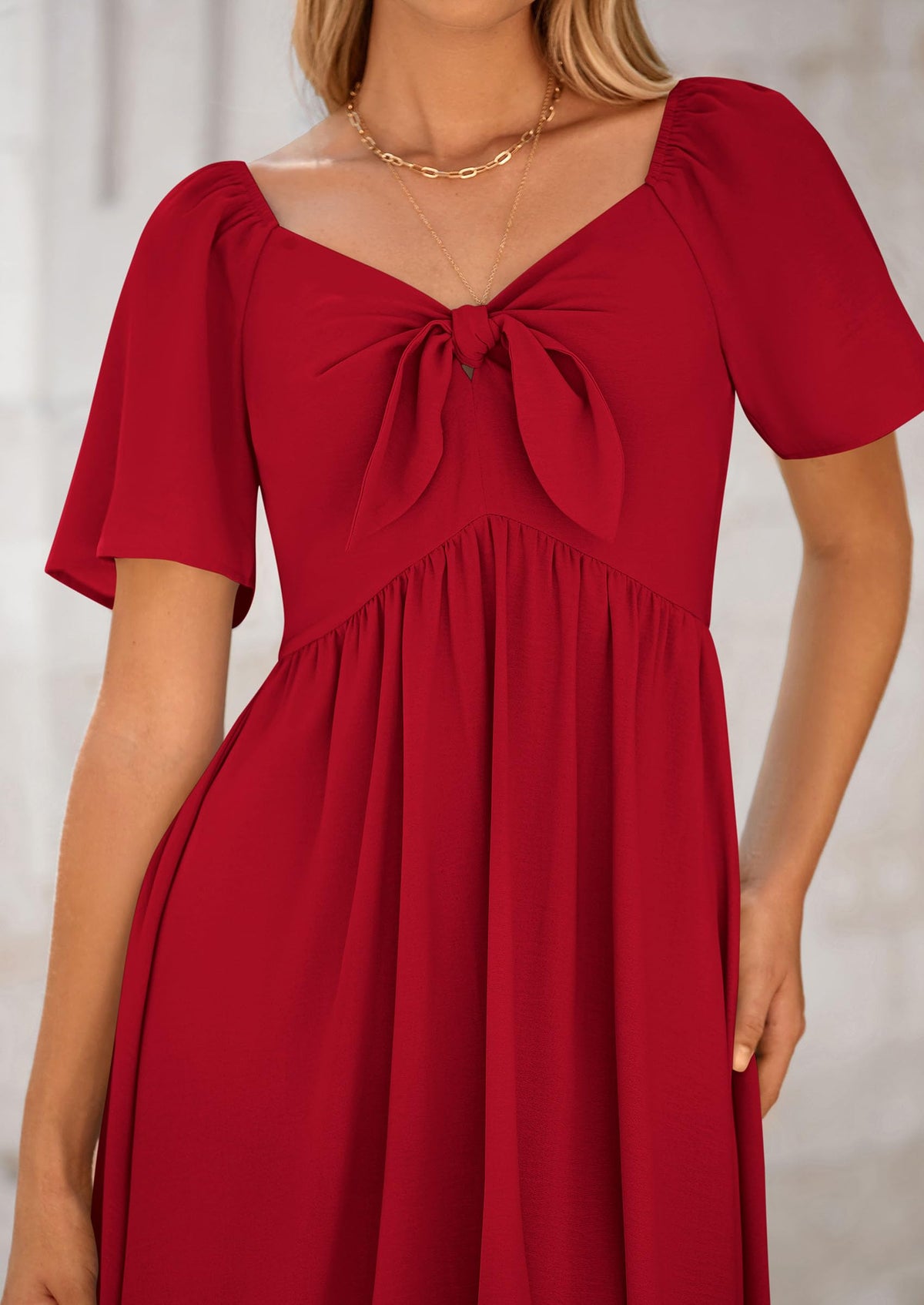 Casual Short Sleeve Bow Tie V Neck Ruffle Flowy Midi Dresses