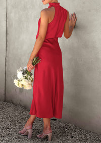 Satin sleeveless stand up collar party long dress