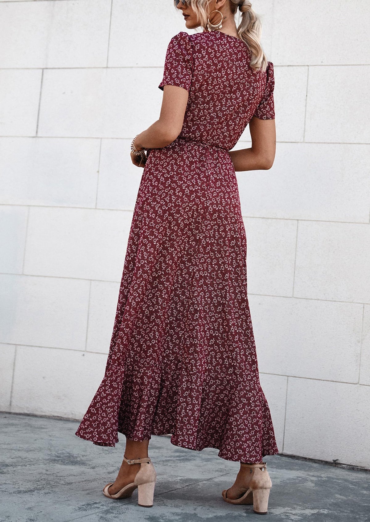 Floral V Neck Short Sleeve Midi Dresses