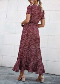 Floral V Neck Short Sleeve Midi Dresses