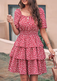 Floral Square Neck Short Sleeve Tiered Ruffle Boho Dresses