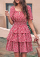 Floral Square Neck Short Sleeve Tiered Ruffle Boho Dresses