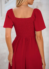 Casual Short Sleeve Bow Tie V Neck Ruffle Flowy Midi Dresses