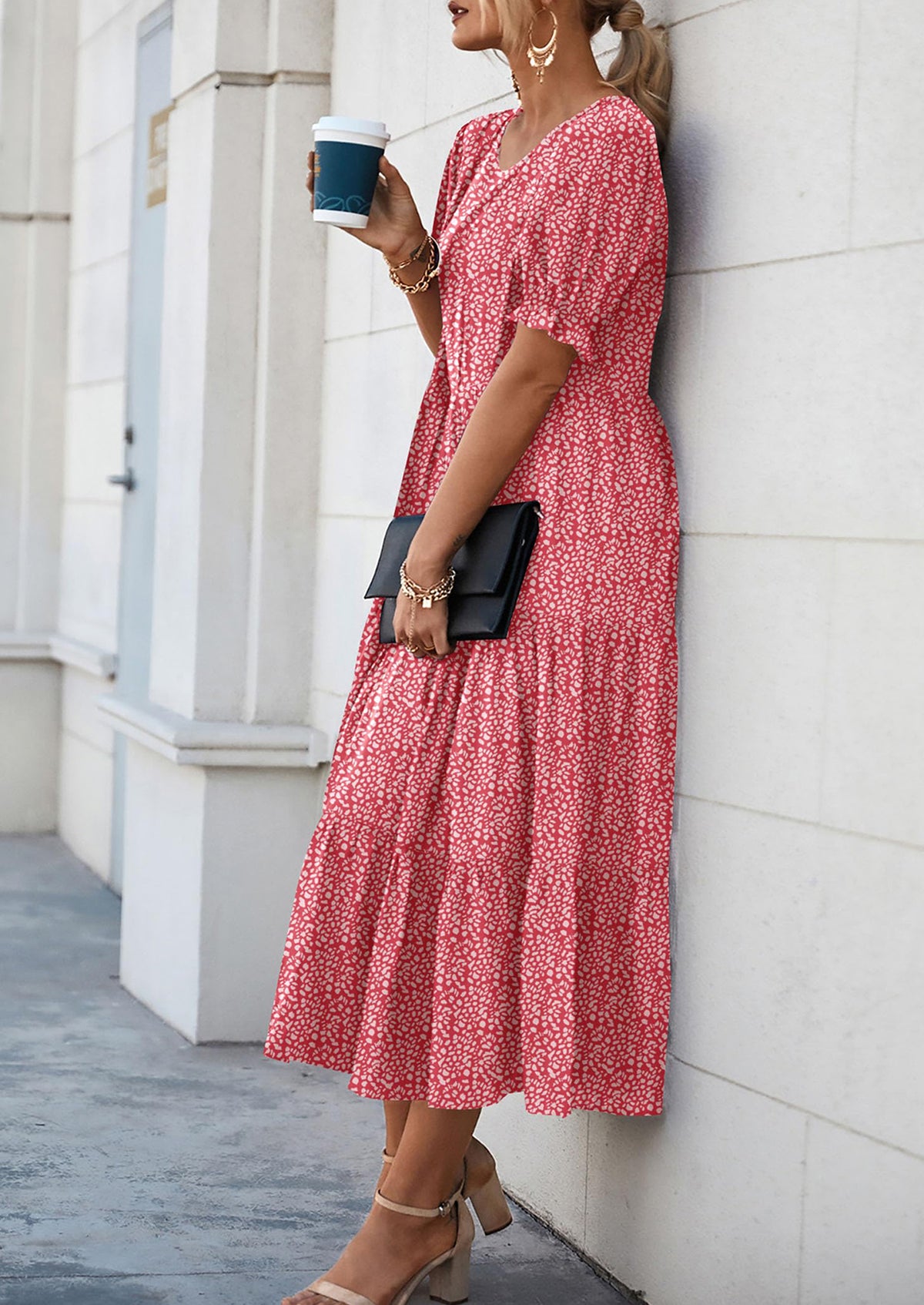 Casual Boho Floral Print Ruffle Puff Short Sleeve Flowy Beach Party Midi Dresses