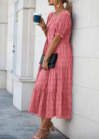 Casual Boho Floral Print Ruffle Puff Short Sleeve Flowy Beach Party Midi Dresses