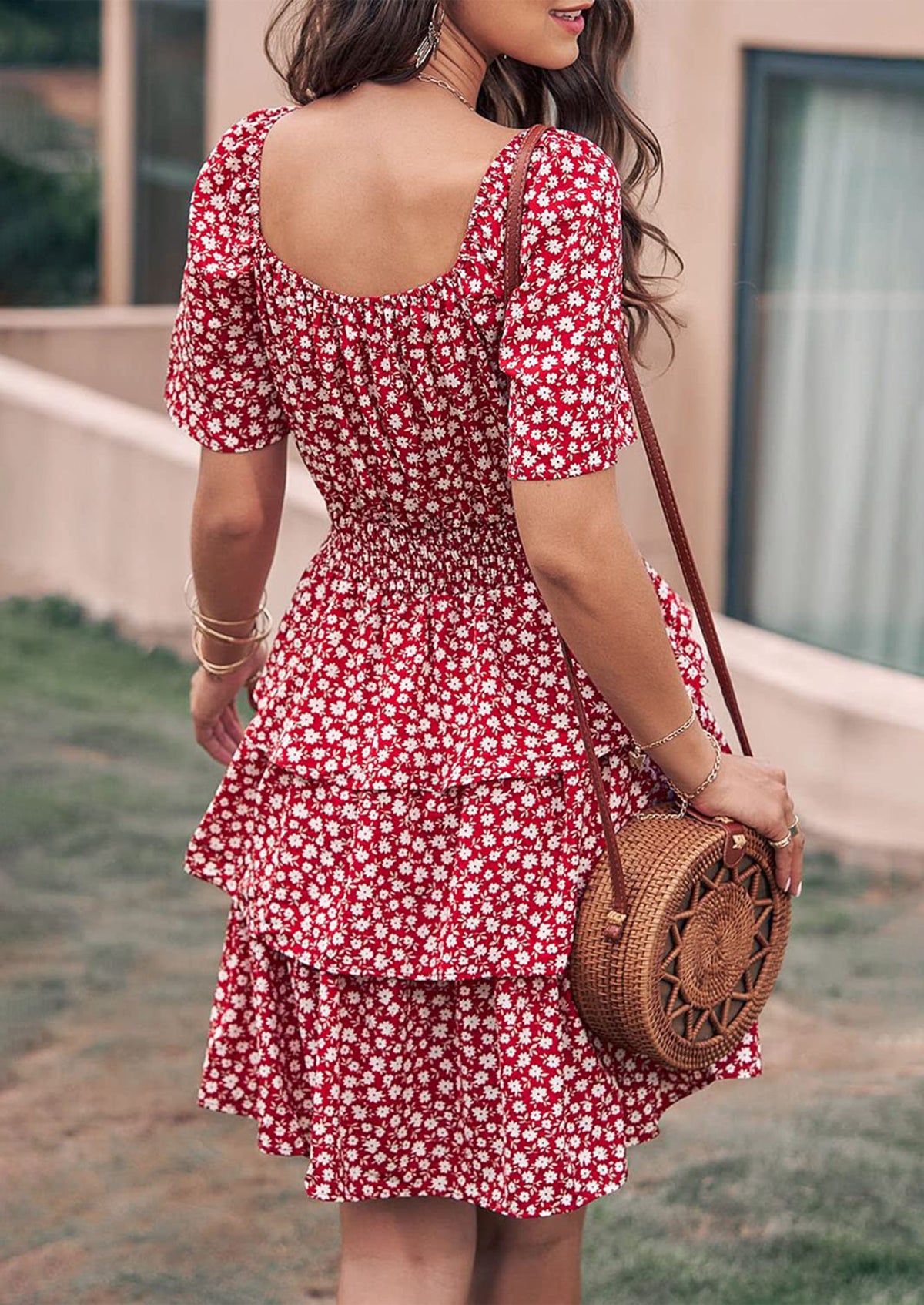 Floral Square Neck Short Sleeve Tiered Ruffle Boho Dresses