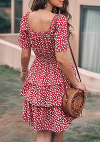 Floral Square Neck Short Sleeve Tiered Ruffle Boho Dresses