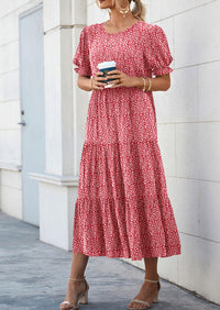 Casual Boho Floral Print Ruffle Puff Short Sleeve Flowy Beach Party Midi Dresses