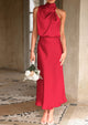 Satin sleeveless stand up collar party long dress