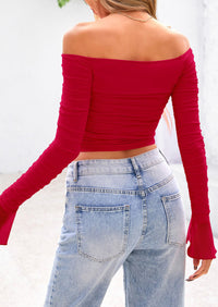 Long Sleeve Casual Off Shoulder Ruched Mesh Slim Fit Going Out Blouses