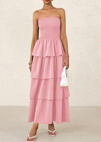 Off Shoulder Smocked Tiered Ruffle Long Flowy Casual Beach Maxi Dress