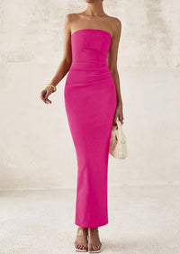 Strapless Tube Bodycon Ruched Slit Maxi Dresses