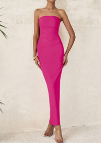 Strapless Tube Bodycon Ruched Slit Maxi Dresses