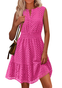 Sleeveless V Neck Eyelet Hollow Out Swing A Line Beach Vacation Dresses
