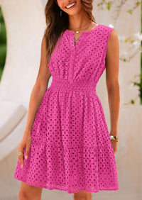 Sleeveless V Neck Eyelet Hollow Out Swing A Line Beach Vacation Dresses