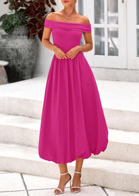 Off Shoulder Sleeveless A Line Midi Dress with Pockets