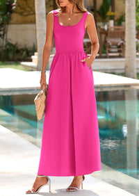Casual Scoop Neck Sleeveless Patchwork A-line Swing Maxi Dresses with Pockets