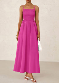 Smocked Beach Casual Spaghetti Strap Swing A Line Flowy Maxi Dresses