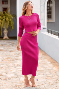 PRETTYGARDEN Women's Spring Fall 2 Piece Sweater Set Rib Knit Long Sleeve Crop Top Maxi Bodycon Skirt Casual Winter Outfits PRETTYGARDEN