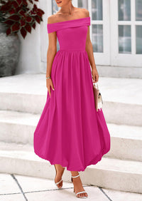 Off Shoulder Sleeveless A Line Midi Dress with Pockets