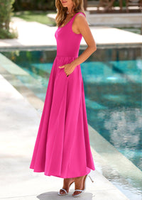 Casual Scoop Neck Sleeveless Patchwork A-line Swing Maxi Dresses with Pockets