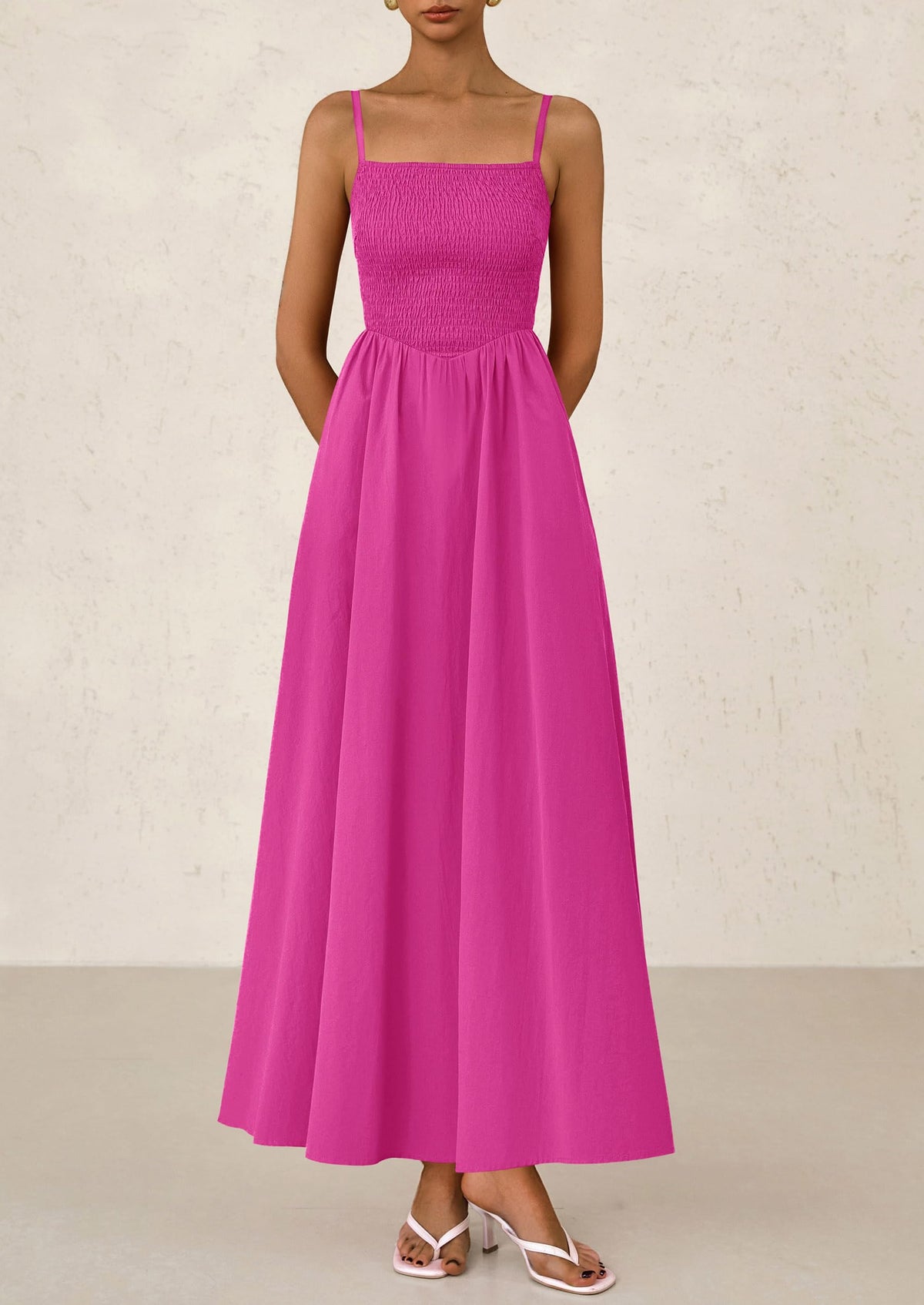 Smocked Beach Casual Spaghetti Strap Swing A Line Flowy Maxi Dresses