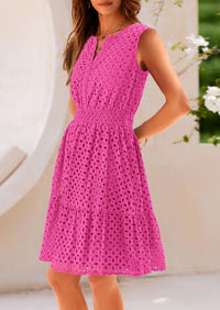 Sleeveless V Neck Eyelet Hollow Out Swing A Line Beach Vacation Dresses