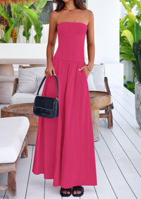 Strapless Patchwork Long Flowy Elegant Tube Top Maxi Dresses with Pockets