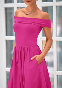 Off Shoulder Sleeveless A Line Midi Dress with Pockets