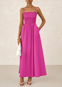 Smocked Beach Casual Spaghetti Strap Swing A Line Flowy Maxi Dresses