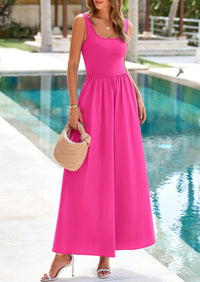 Casual Scoop Neck Sleeveless Patchwork A-line Swing Maxi Dresses with Pockets