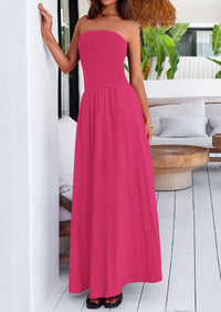 Strapless Patchwork Long Flowy Elegant Tube Top Maxi Dresses with Pockets