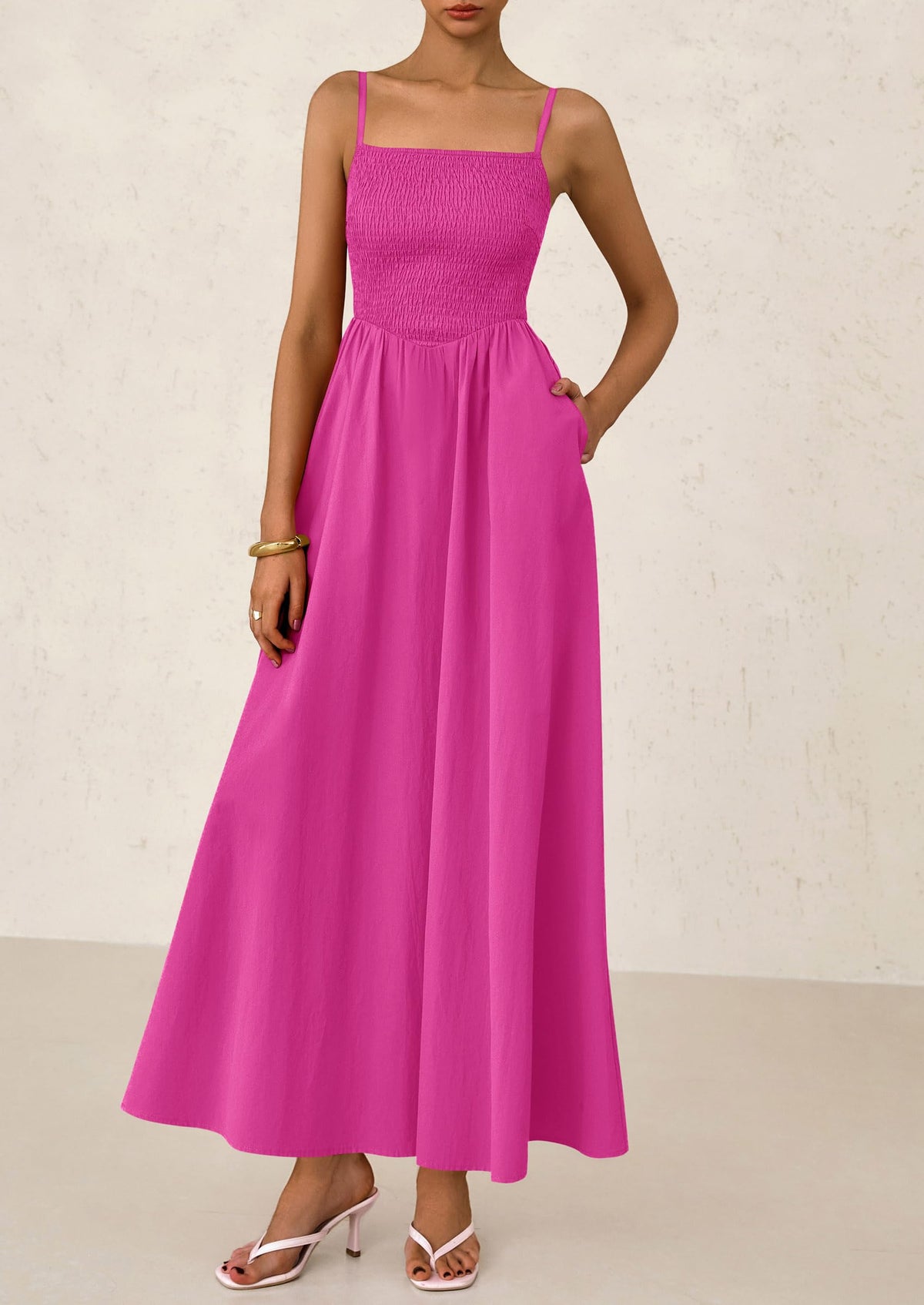 Smocked Beach Casual Spaghetti Strap Swing A Line Flowy Maxi Dresses