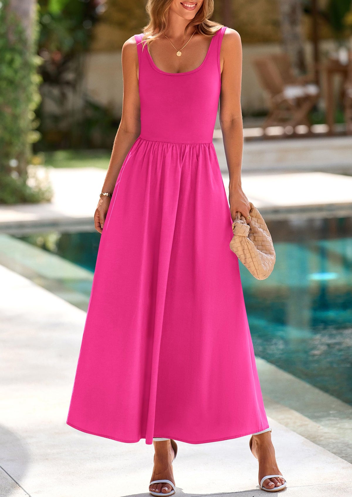 Casual Scoop Neck Sleeveless Patchwork A-line Swing Maxi Dresses with Pockets