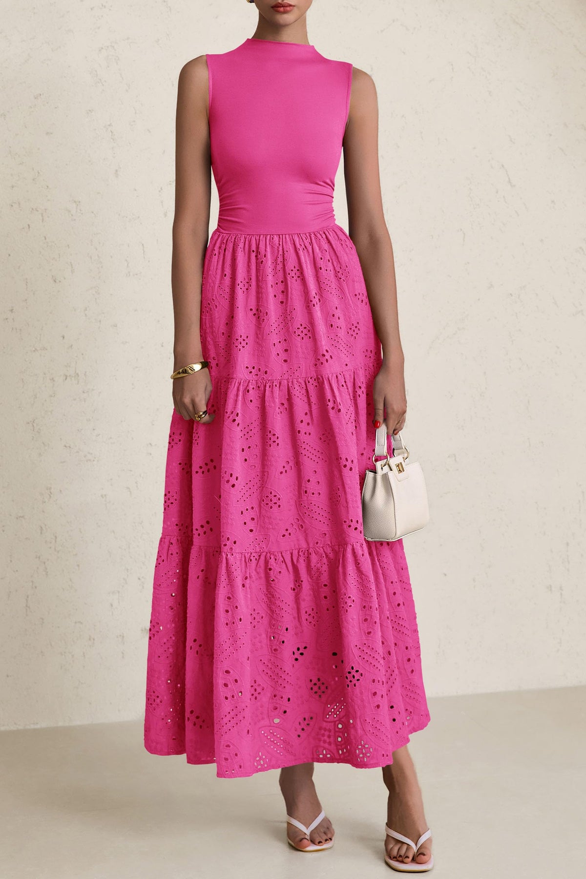 Casual Eyelet Sleeveless Maxi Dress with Pockets