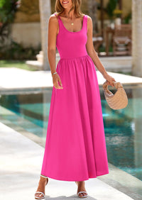 Casual Scoop Neck Sleeveless Patchwork A-line Swing Maxi Dresses with Pockets