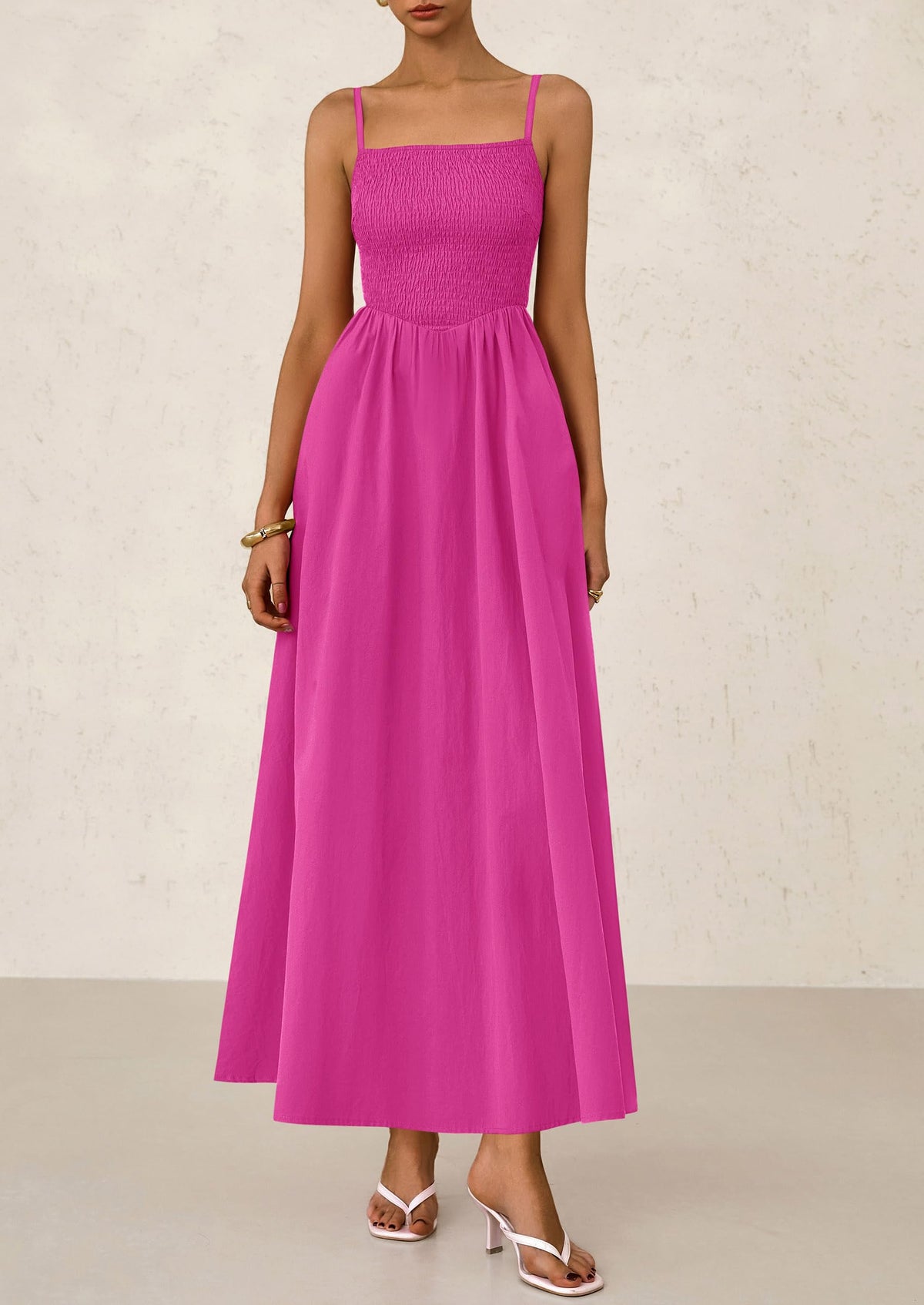 Smocked Beach Casual Spaghetti Strap Swing A Line Flowy Maxi Dresses