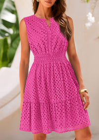 Sleeveless V Neck Eyelet Hollow Out Swing A Line Beach Vacation Dresses