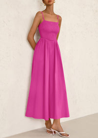 Smocked Beach Casual Spaghetti Strap Swing A Line Flowy Maxi Dresses