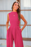 PRETTYGARDEN Womens Summer Jumpsuits Dressy Casual One Piece Outfits Sleeveless Mock Neck Wide Leg Pants Rompers with Pockets
