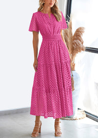 Short Sleeve V Neck Hollow Out Eyelet A Line Long Beach Maxi Dress