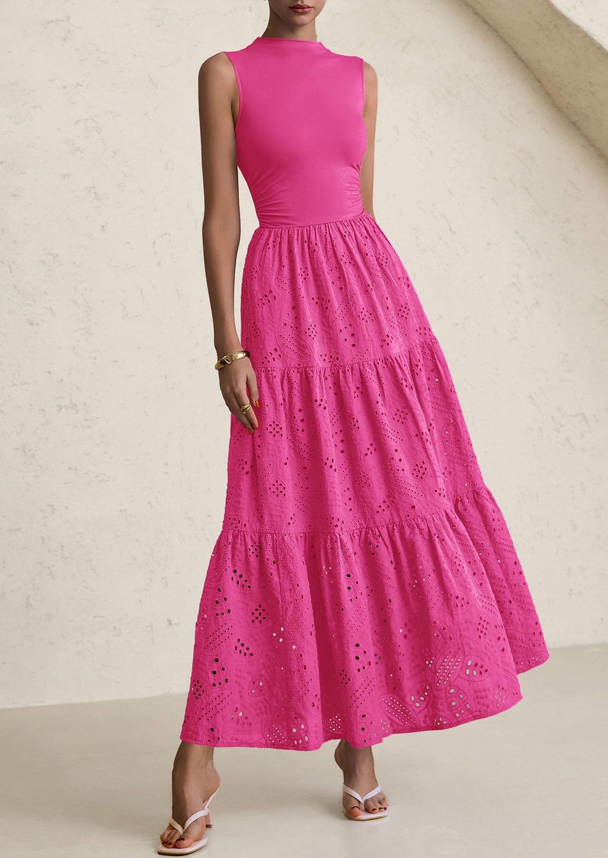 Casual Eyelet Sleeveless Maxi Dress with Pockets