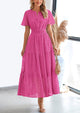 Short Sleeve V Neck Hollow Out Eyelet A Line Long Beach Maxi Dress