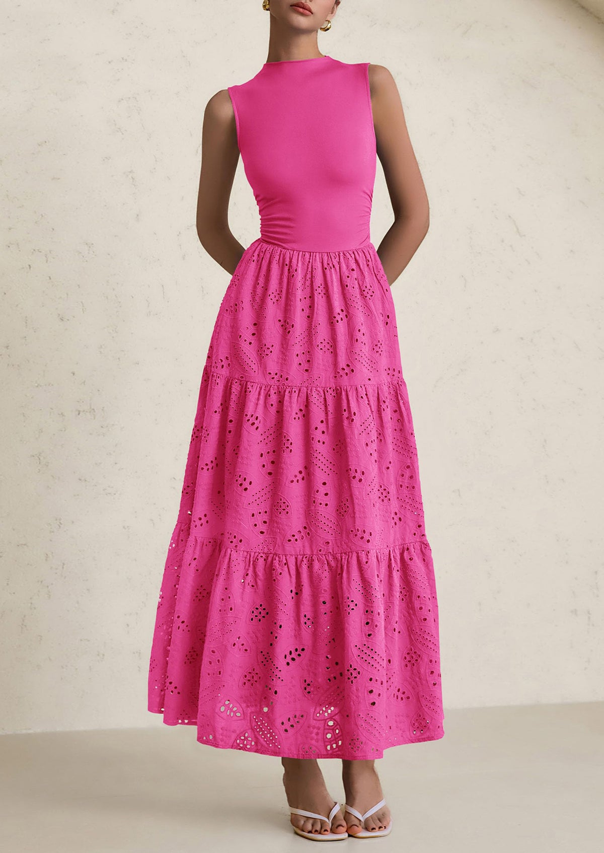 Casual Eyelet Sleeveless Maxi Dress with Pockets
