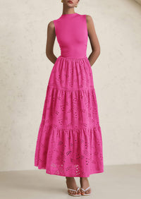 Casual Eyelet Sleeveless Maxi Dress with Pockets