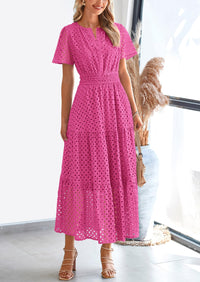 Short Sleeve V Neck Hollow Out Eyelet A Line Long Beach Maxi Dress
