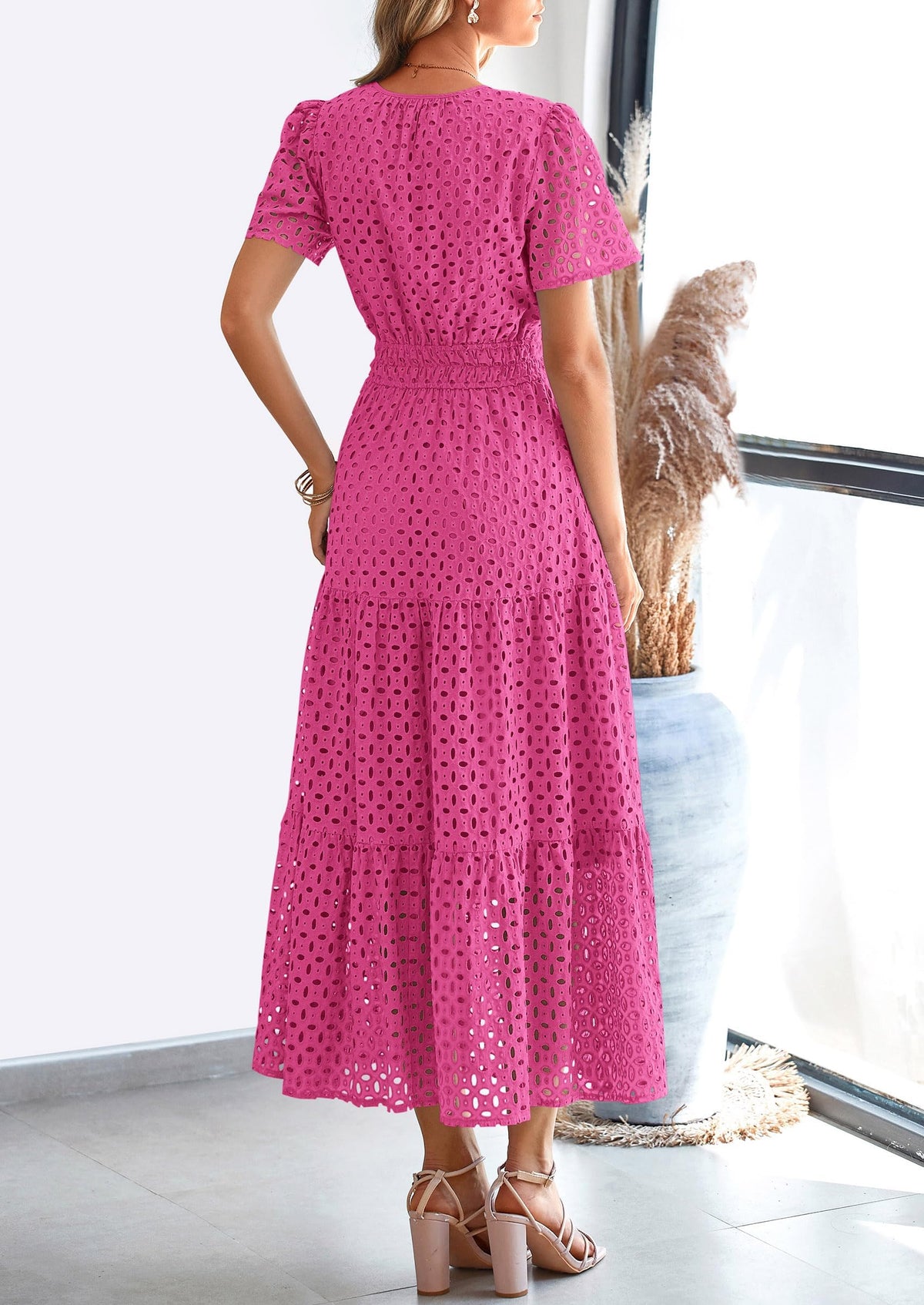 Short Sleeve V Neck Hollow Out Eyelet A Line Long Beach Maxi Dress